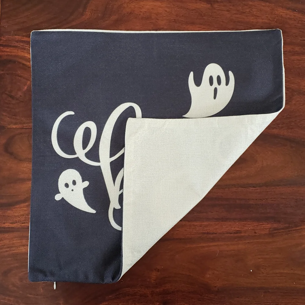 Halloween Pillow Cover • Ghosts Boo Black Off‑White • 18x18 • Linen Look NWOT